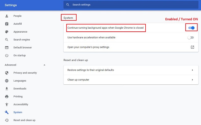 Google chrome settings continue running background apps